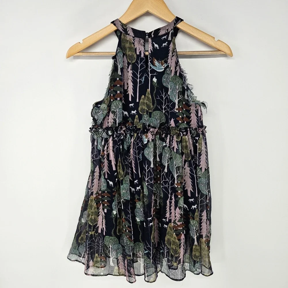COROLCAT Dress Girls 7/8 Navy Blue Forest Animal Print Halter Tiered Ruffle Boho